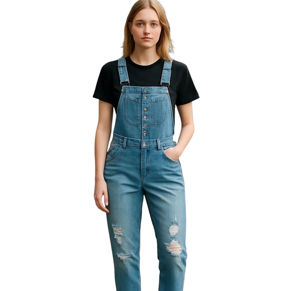 Hollister Denim Boyfriend Overalls Womens Large 36"X 24" Thrashed Jeans - Picture 1 of 11